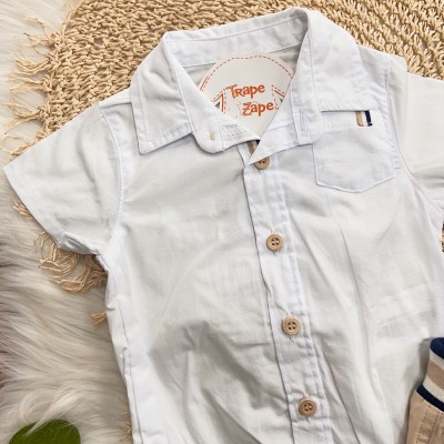 Conj. Body Manga Curta com Gola e Bermuda em Sarja - Branco e Areia